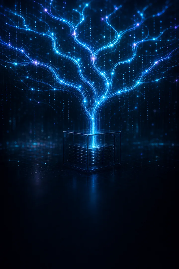 Ramificações luminosas representando o controle de versões de um projeto